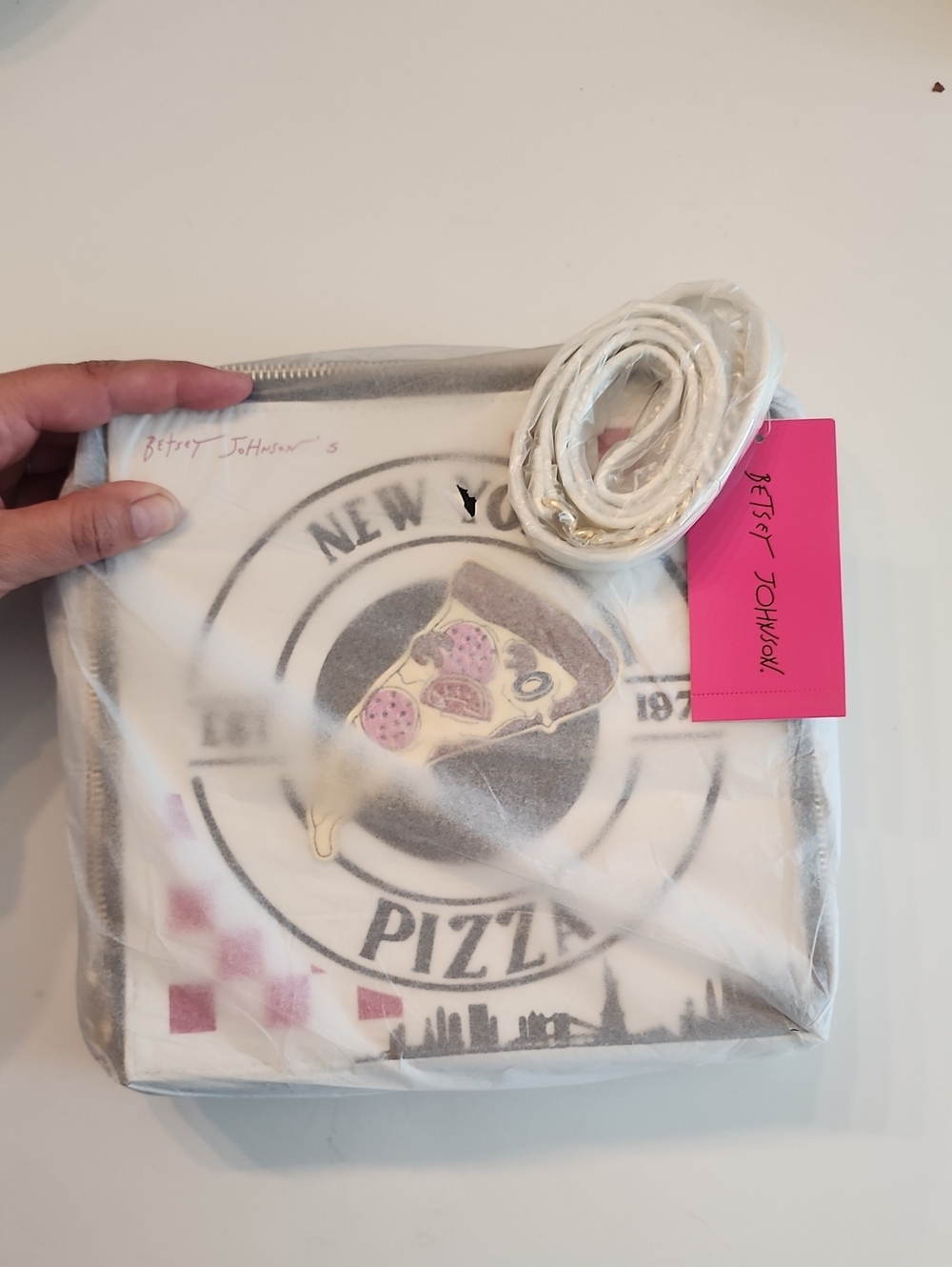 Betsey Johnson White Crossbody Bag with Pizza Box Graphic Design
